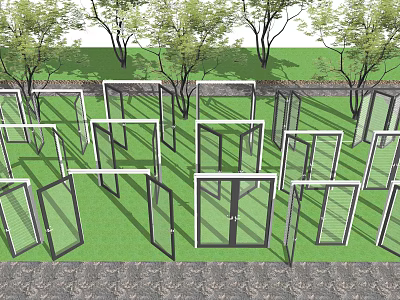 Glass Window And Door Frames Arranged On Green Grass With Trees Around 3d model