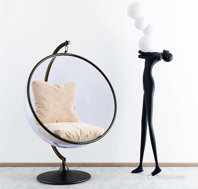 Transparent Spherical Hanging Chair With Beige Cushion Black Sculpture White Spherical Decor Modern Minimalist Interior 3d model 