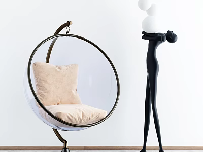 Transparent Spherical Hanging Chair With Beige Cushion Black Sculpture White Spherical Decor Modern Minimalist Interior 3d model