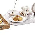 Elegant Tableware Set with Wooden Tray Glass Pitcher Lemon Slices White Cups Cookies Dried Grass
