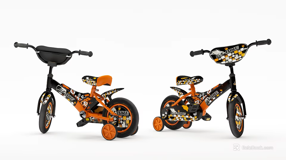 Stylish Black and Orange Kids Bikes with Decorative Patterns Training Wheels Orange Seat and Basket 3d model 