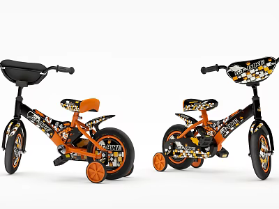 Stylish Black and Orange Kids Bikes with Decorative Patterns Training Wheels Orange Seat and Basket 3d model