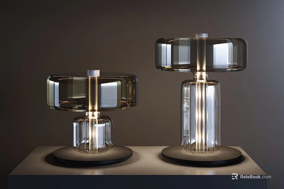 Two Modern Table Lamps With Transparent Glass Shades Metallic Details And Black Base 3d model 