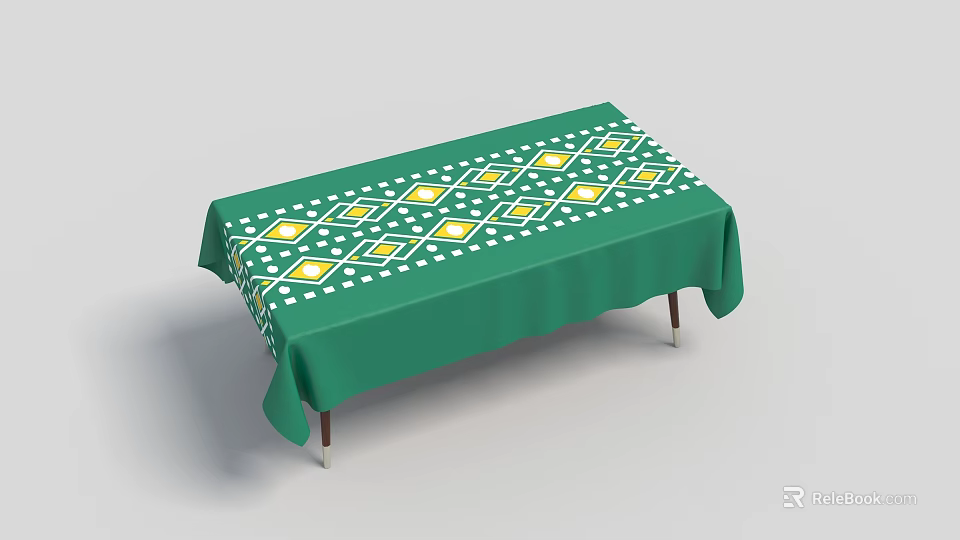 Green Tablecloth With White And Yellow Diamond Patterns On Dining Table 3d model