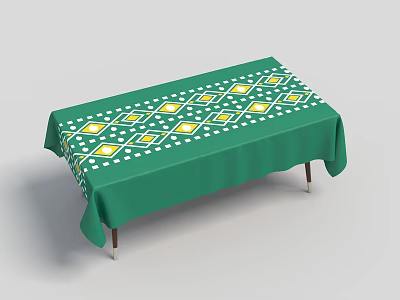 Green Tablecloth With White And Yellow Diamond Patterns On Dining Table 3d model