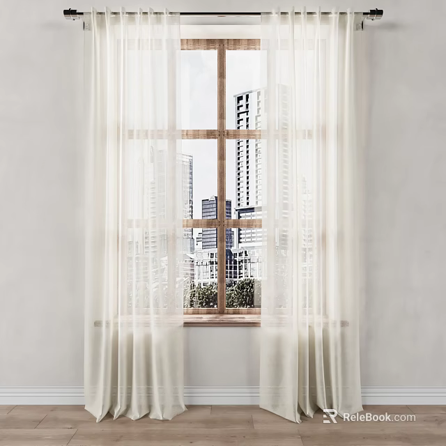 White Sheer Curtains with Wooden Window Frame and View of Tall Buildings in Light Room 3d model 