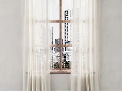 White Sheer Curtains with Wooden Window Frame and View of Tall Buildings in Light Room 3d model