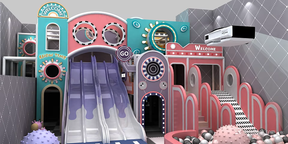 Colorful Playground Equipment With Slide Ball Pit Circular Windows And Welcome Sign 3d model 