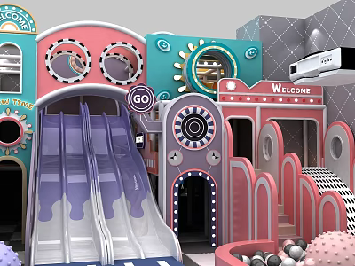 Colorful Playground Equipment With Slide Ball Pit Circular Windows And Welcome Sign 3d model