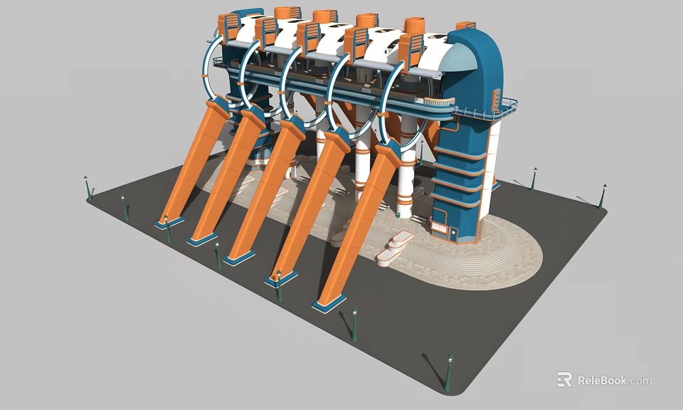 Cartoon Scene Of Industrial Facility With Orange Turbines And Blue Building 3d model 