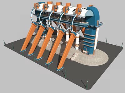 Cartoon Scene Of Industrial Facility With Orange Turbines And Blue Building 3d model