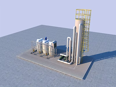Industrial Equipment Setup Featuring Cylindrical Tanks Pipes Yellow Scaffolding And Metal Platform 3d model