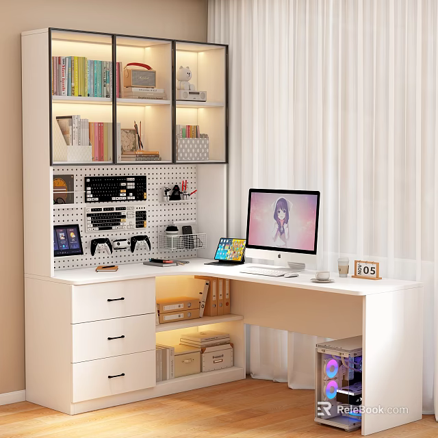 Functional Desk with Computer Monitor Tablet Pegboard Organizer Bookshelf Drawers and Storage Boxes 3d model 