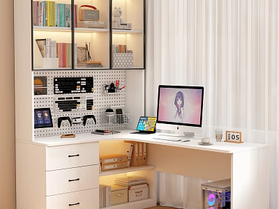 Functional Desk with Computer Monitor Tablet Pegboard Organizer Bookshelf Drawers and Storage Boxes 3d model