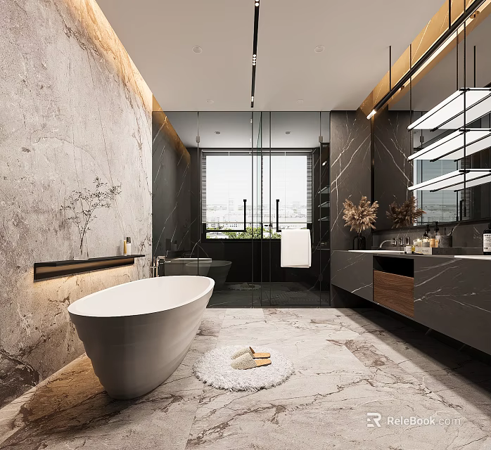 Modern Bathroom Interior Design With Freestanding Bathtub Marble Walls And Double Vanity 3d model 