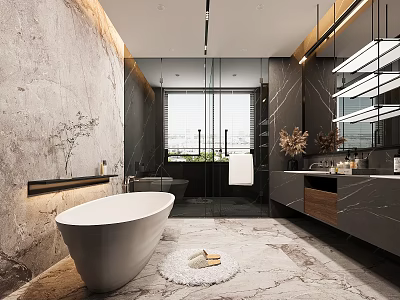 Modern Bathroom Interior Design With Freestanding Bathtub Marble Walls And Double Vanity 3d model