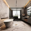 Modern Bathroom Interior Design With Freestanding Bathtub Marble Walls And Double Vanity