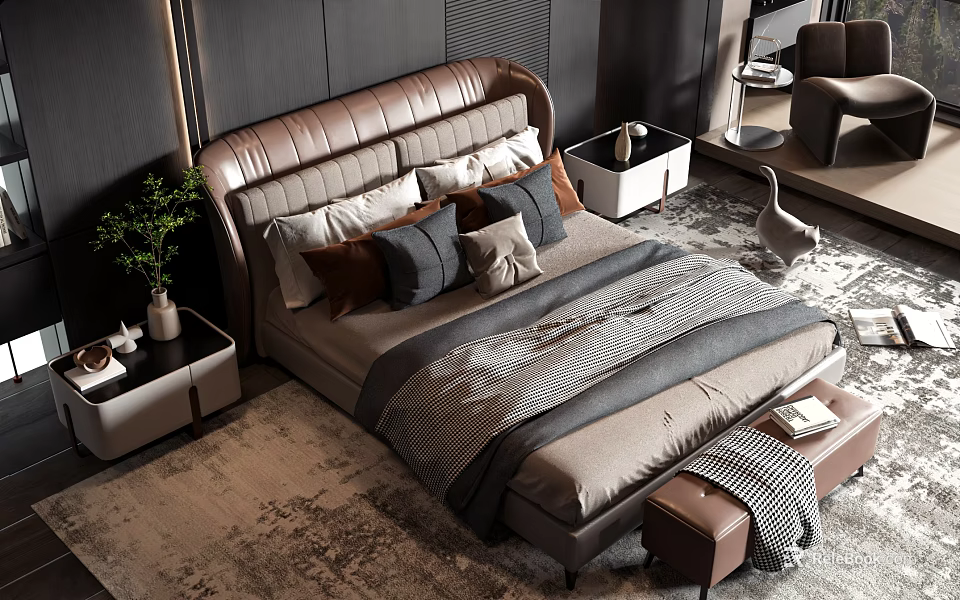 Modern Double Bed With Leather Headboard Nightstands Bench And Bedroom Rug 3d model 