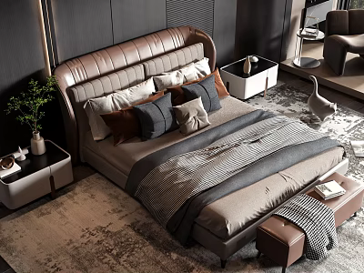 Modern Double Bed With Leather Headboard Nightstands Bench And Bedroom Rug 3d model