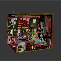 Detailed Miniature Room Model With Grid Window Bookshelf Red Curtain And Furniture
