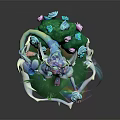 Fantasy Game Movie Character With Flower Crown Butterfly Wings Blue Teal Outfit And Green Base