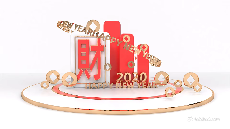 Festive 2020 New Year Decor with Red Wealth Symbol Gold Ornaments and Happy Wishes 3d model 