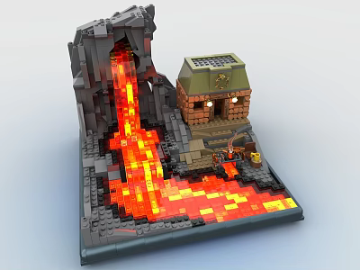 Building Blocks Detailed Volcano with Flowing Lava Small Cabin and Minifigure 3d model