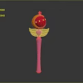 Pink Magical Weapon With Long Handle Yellow Wings And Red Gem