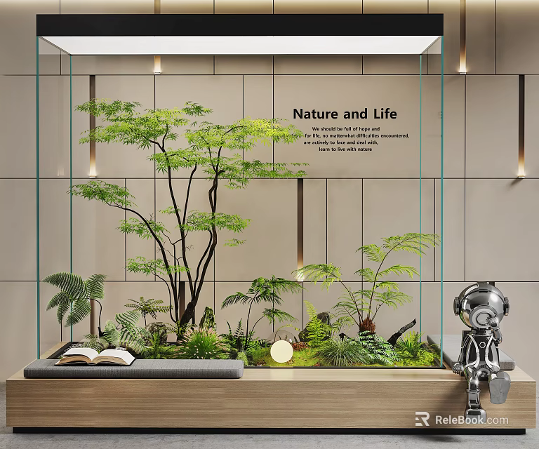 Indoor Landscape Featuring Green Plants Glass Enclosure Nature and Life Text Open Book Robot Figurine 3d model 