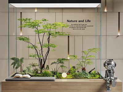 Indoor Landscape Featuring Green Plants Glass Enclosure Nature and Life Text Open Book Robot Figurine 3d model