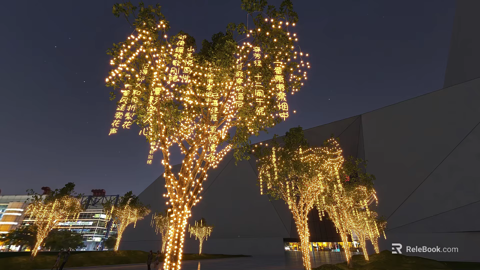 Charming Nighttime Commercial Street With Illuminated Trees And Hanging String Lights 3d model 