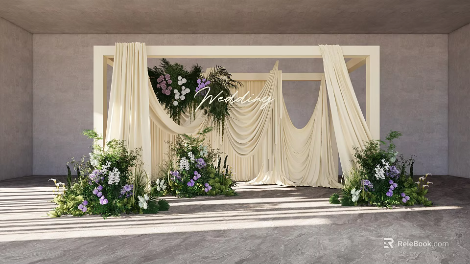 Elegant Wedding Floral Installation With Ivory Curtain Frame And Purple White Flowers 3d model 