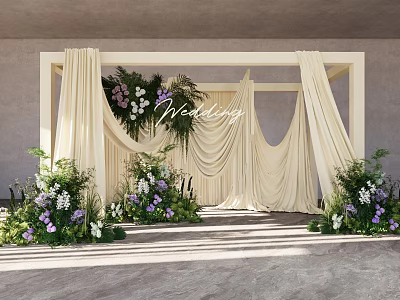 Elegant Wedding Floral Installation With Ivory Curtain Frame And Purple White Flowers 3d model