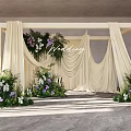 Elegant Wedding Floral Installation With Ivory Curtain Frame And Purple White Flowers