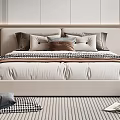 Modern Double Bed with Beige Headboard Plaid Pillows Brown Cushion and Striped Bedding