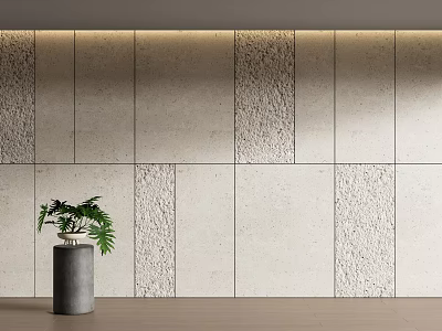 Modern Textured Feature Wall Design With Stone Panels And Potted Plant Accent 3d model