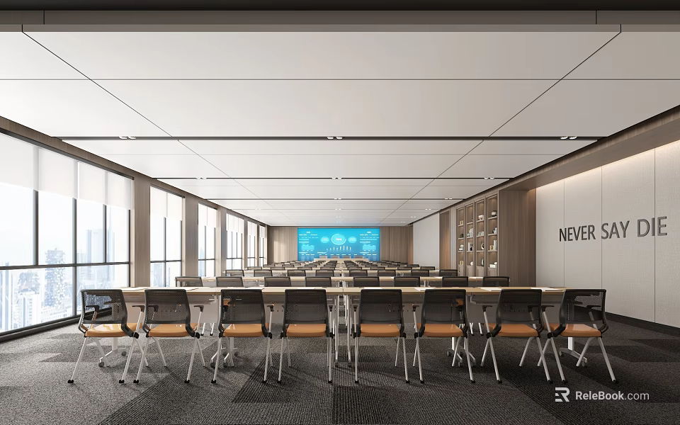 Spacious Modern Conference Room Interior With Large Screen Tables Chairs Bookshelves And Large Windows 3d model 