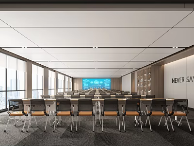 Spacious Modern Conference Room Interior With Large Screen Tables Chairs Bookshelves And Large Windows 3d model