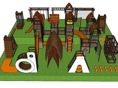 Kids Play Area With Slides Climbing Structures Tunnel And Wooden Play Elements 3d model