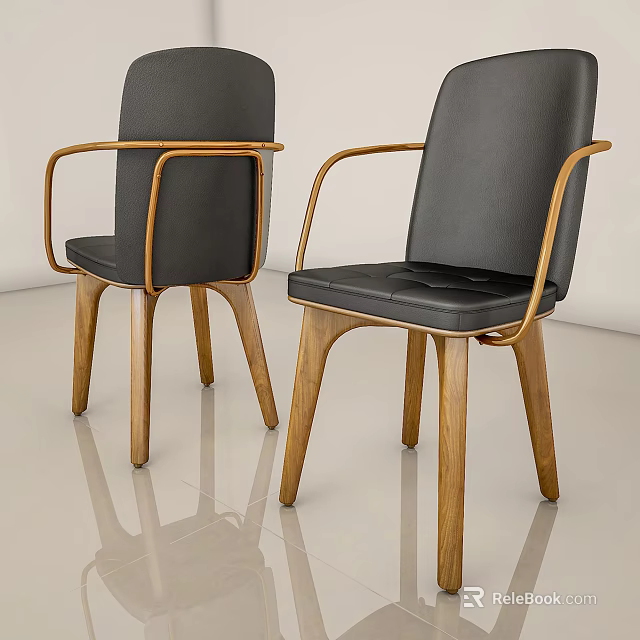 Modern Black Leather Armchairs With Wooden Armrests And Legs In Bright Room 3d model 