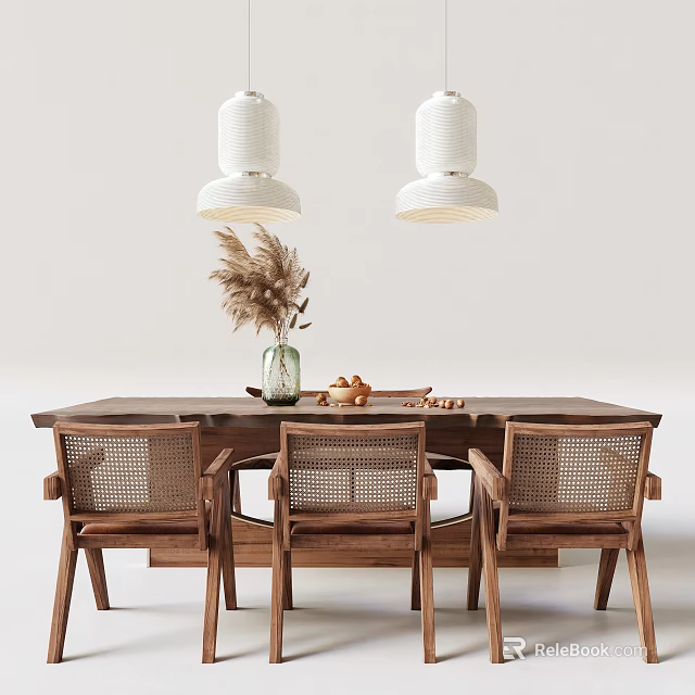 Wooden Dining Table Set with Rattan Chairs Pampas Grass Vase Under White Pendant Lights 3d model 