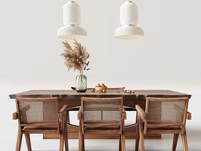 Wooden Dining Table Set with Rattan Chairs Pampas Grass Vase Under White Pendant Lights 3d model