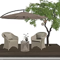 Outdoor Landscape Seats With Rattan Design Umbrella Tree And Wooden Floor Setup