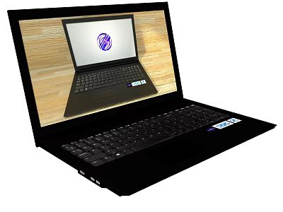 Black Open Laptop Featuring Screen Displaying Logo Keyboard on Wooden Surface and Sleek Design 3d model