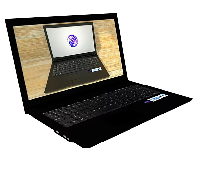 Black Open Laptop Featuring Screen Displaying Logo Keyboard on Wooden Surface and Sleek Design 3d model