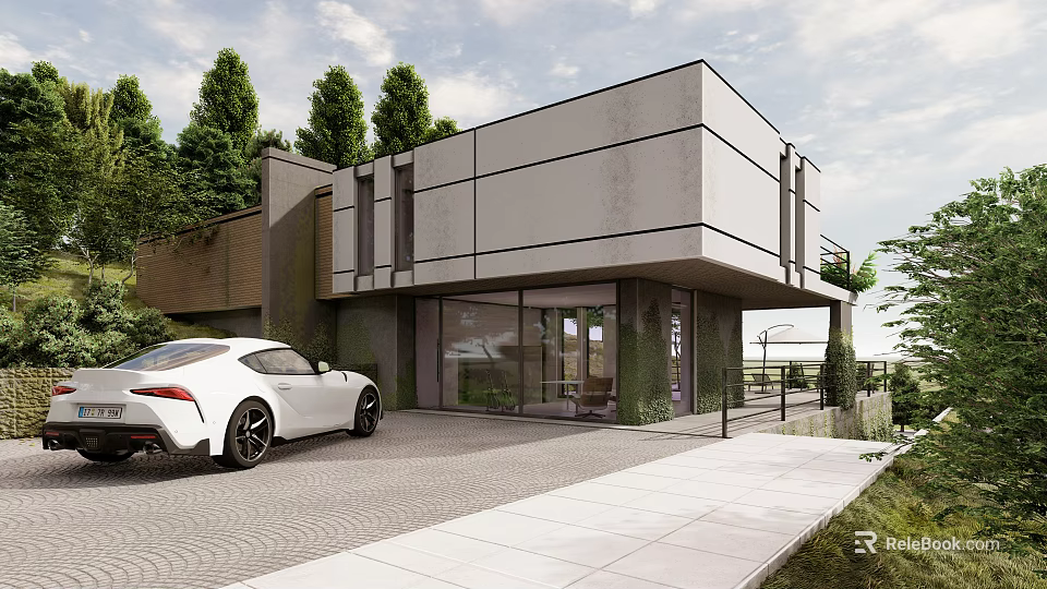 Modern Detached House Exterior With Glass Windows Paved Driveway White Sports Car And Greenery 3d model 