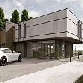Modern Detached House Exterior With Glass Windows Paved Driveway White Sports Car And Greenery