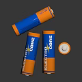 Orange And Blue Cylindrical Electro Batteries Standing On Reflective Surface 3d model