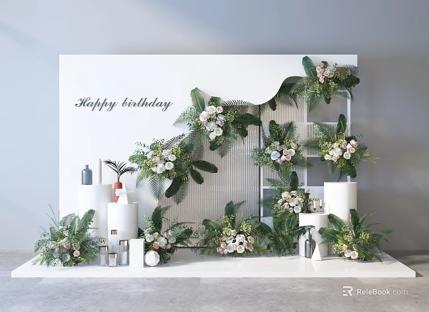 Birthday Party Decoration Setup With White Backdrop Flower Bouquets And Green Foliage 3d model 