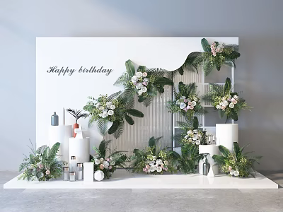 Birthday Party Decoration Setup With White Backdrop Flower Bouquets And Green Foliage 3d model